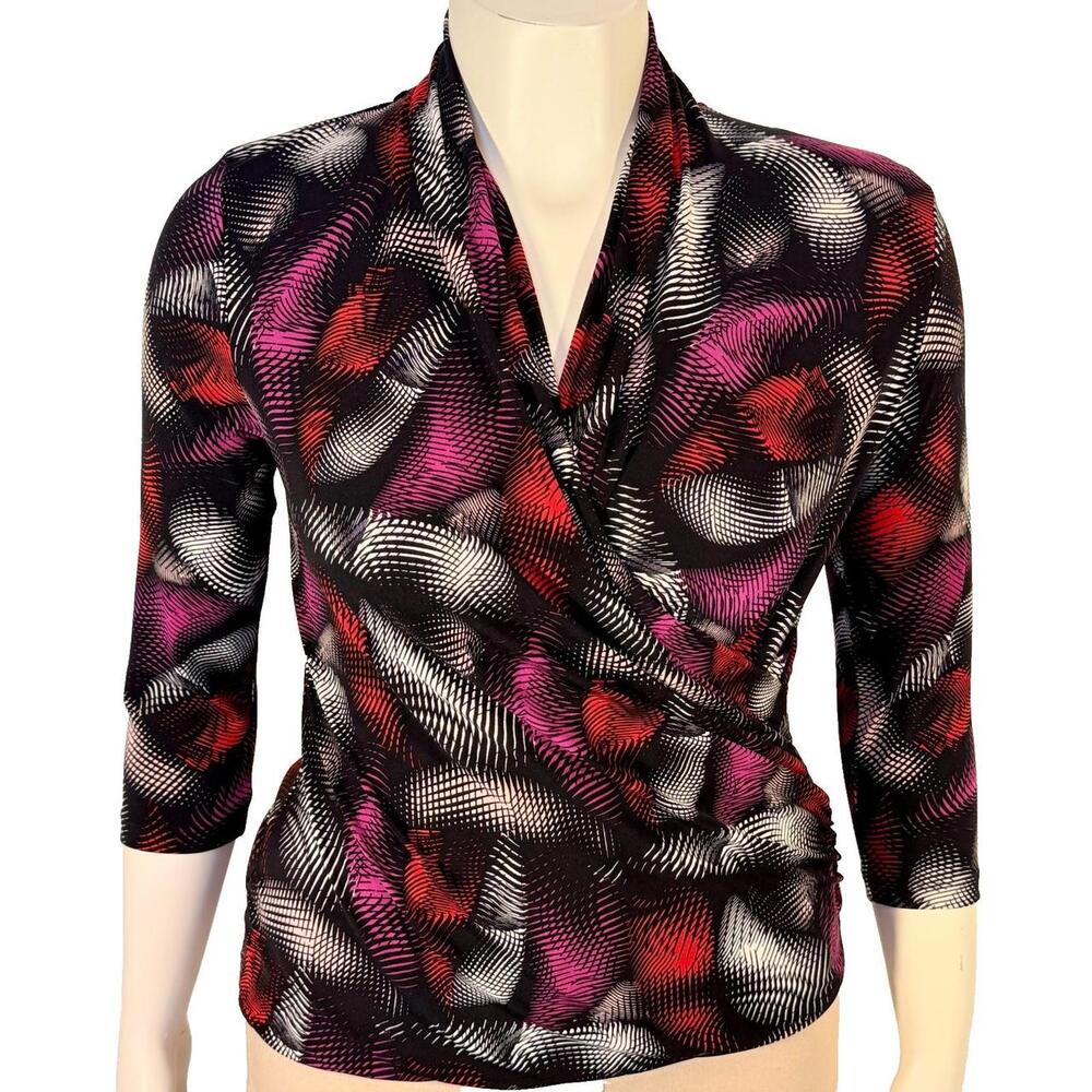 Vince Camuto Blouse Womens PL Size L Petite Geometric Abstract Wrap V-Neck